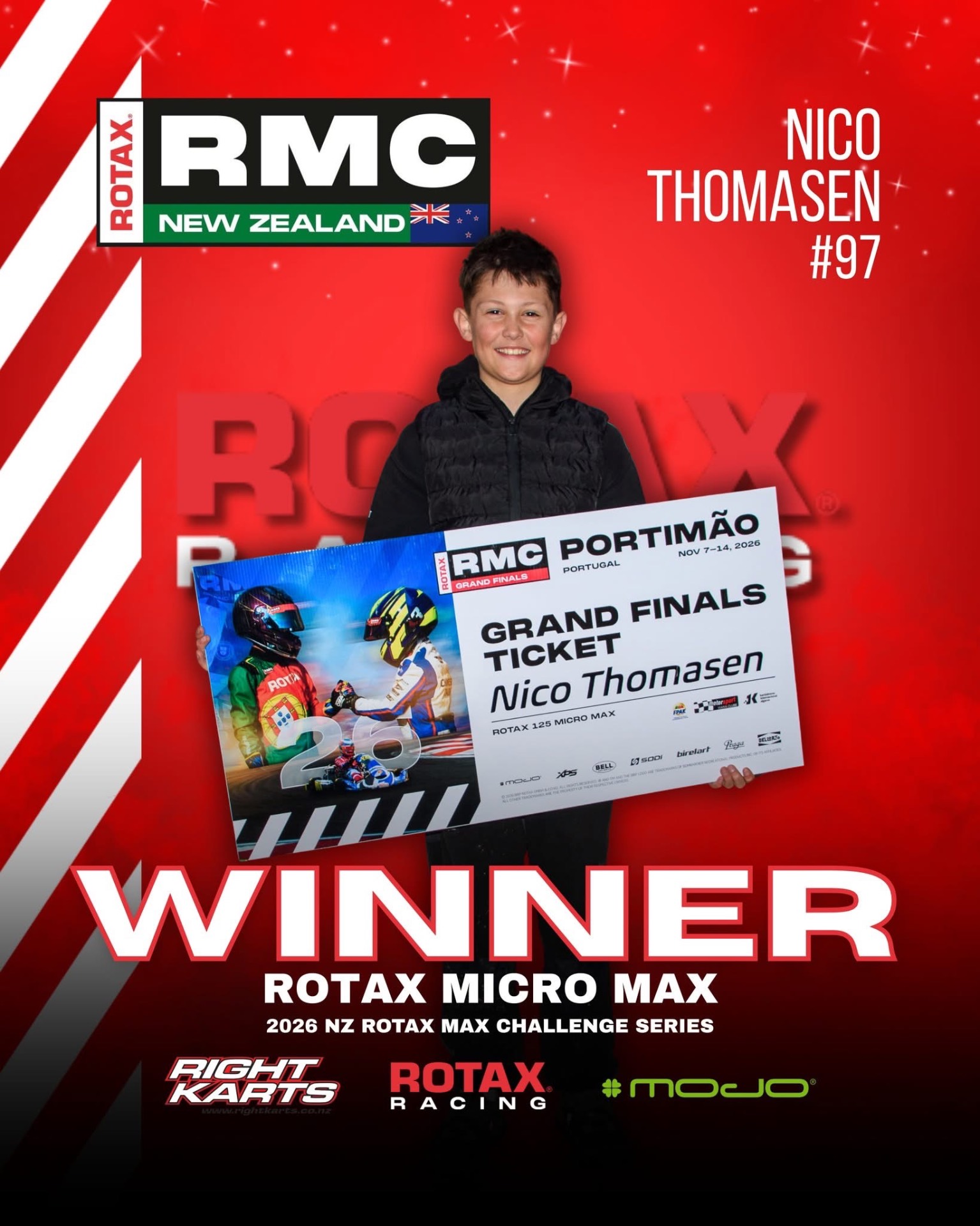 Nico Thomasen holding his Rotax Grand Finals ticket after winning the 2026 NZ Rotax Micro Max title